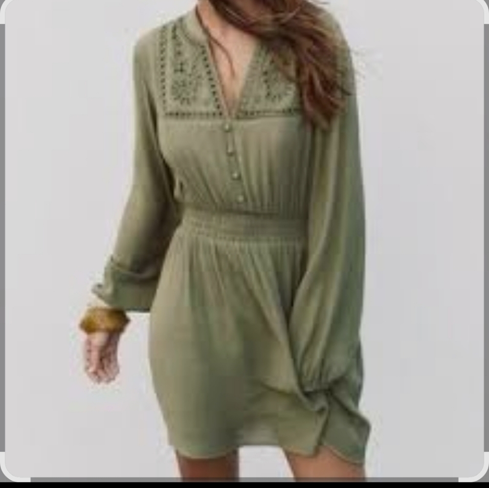 Zara Olive Green Long Sleeve Embroidered Mini Dress